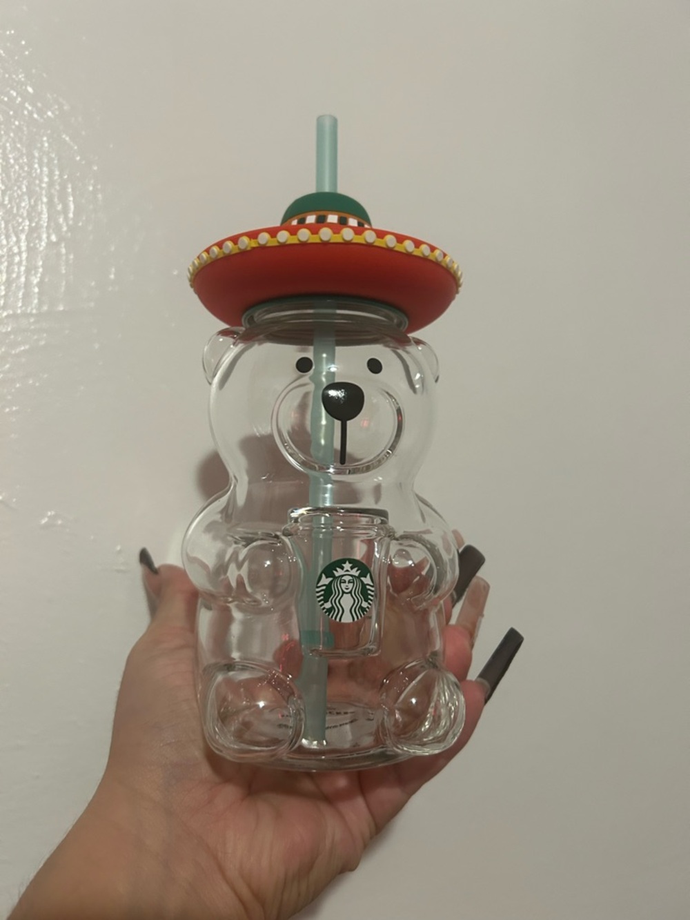 Starbucks Clear Bear Tumbler with Red Hat Lid and Mint Straw